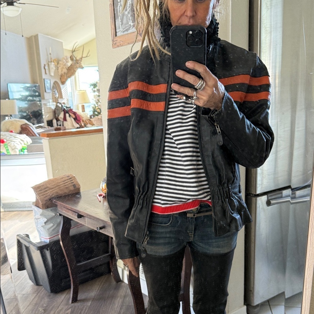 Vintage Black Leather motorcycle Jacket with Orange Stripes